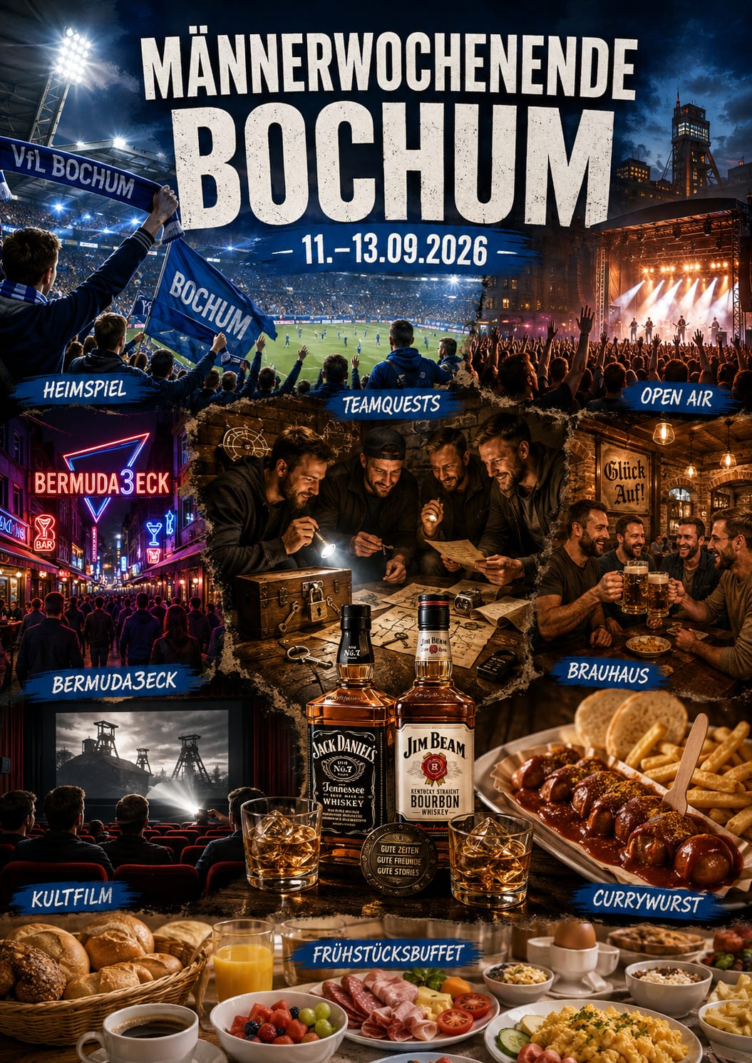 Männerwochenende Bochum, 11.–13.09.2026: Heimspiel VfL Bochum, Teamquests, Open Air Concert, Bermuda3Eck, Brauhaus & Currywurst, Kultfilm & Frühstücksbuffet